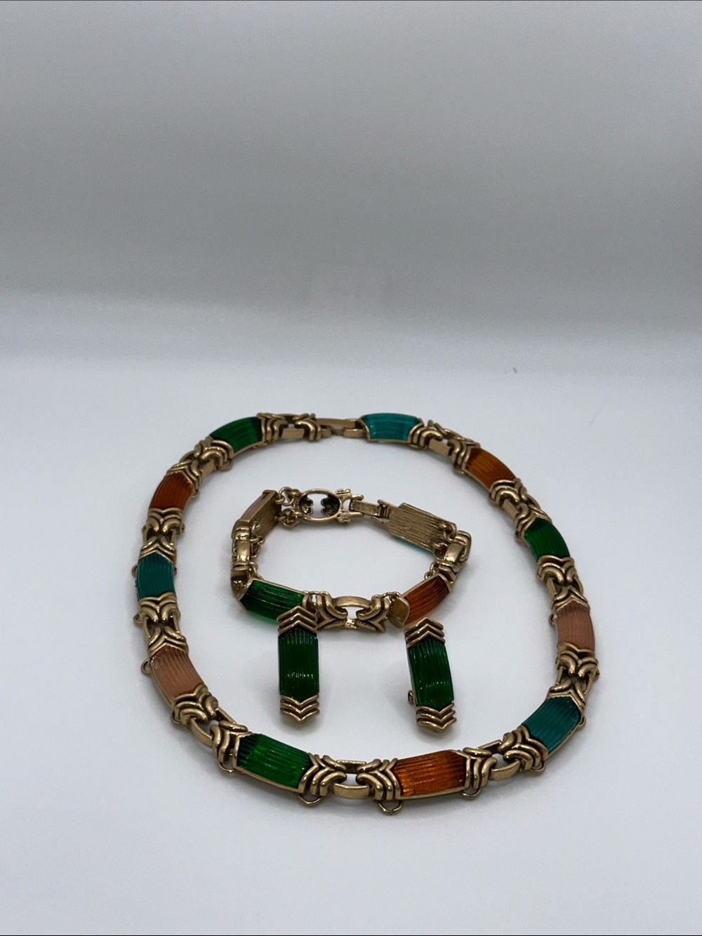 Green and Brown Enamel Link Necklace, Bracelet & Earring Set
